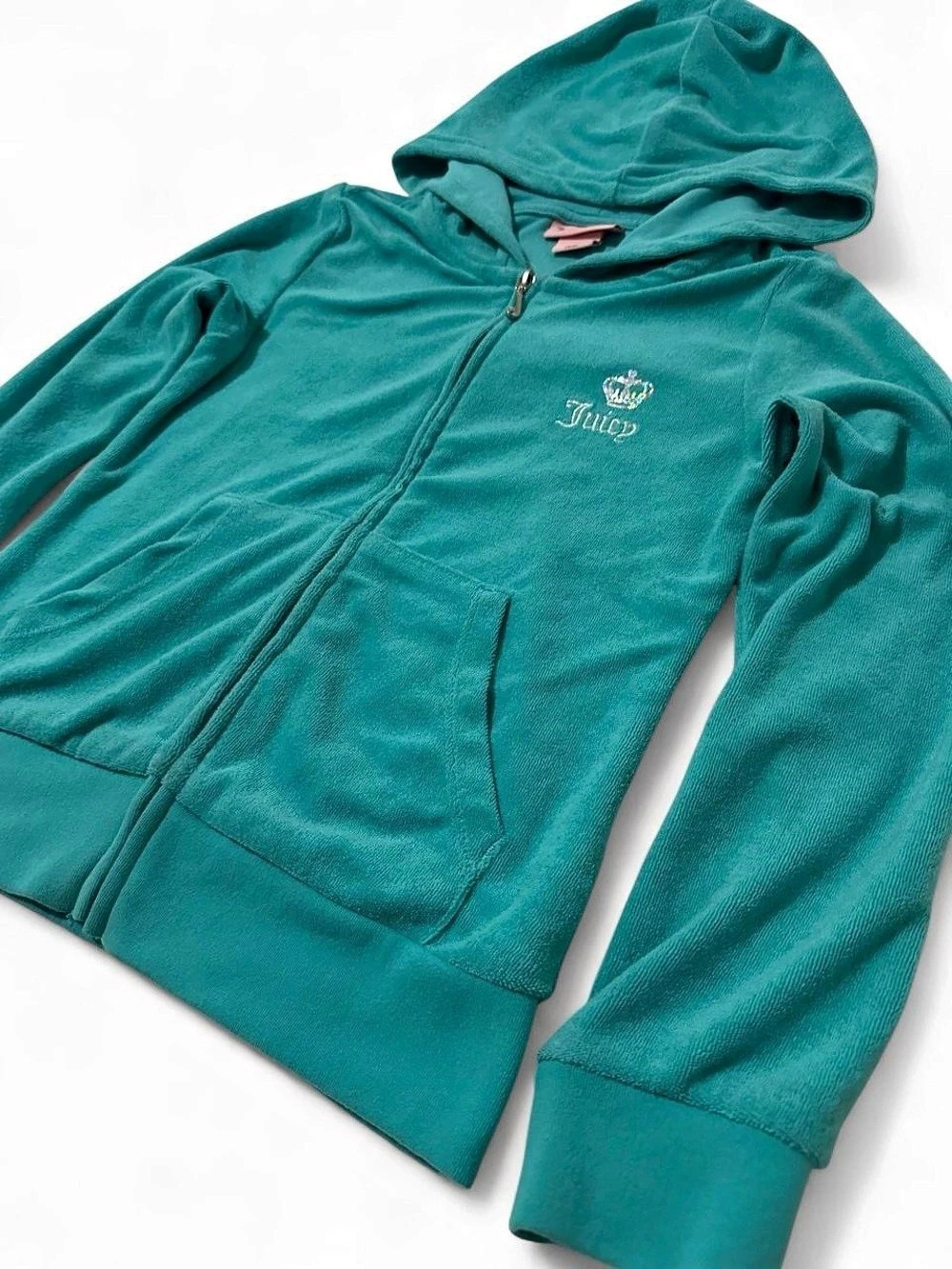 Juicy Couture Girls Size 7 Y2K Rhinestone Terry Zip Hoodie Turquoise - Picture 3 of 5